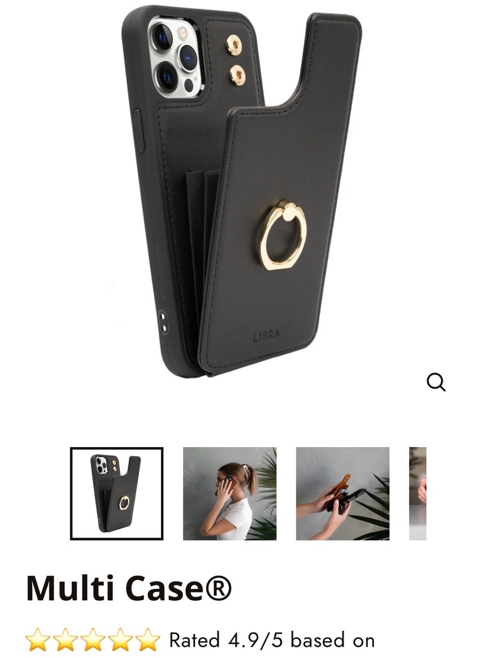 LIBRA Black Faux Leather IPhone 14 Phone Case with Wallet & Gold Ring Holder